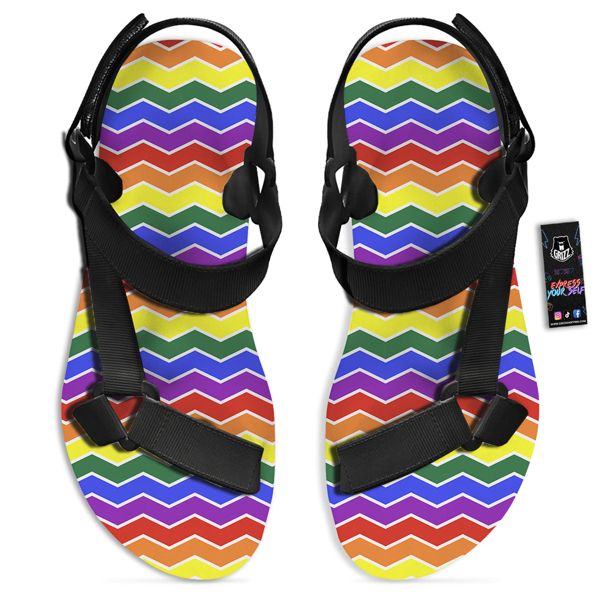 Rainbow Chevron LGBT Pride Print Pattern Black Open Toe Sandals-grizzshop