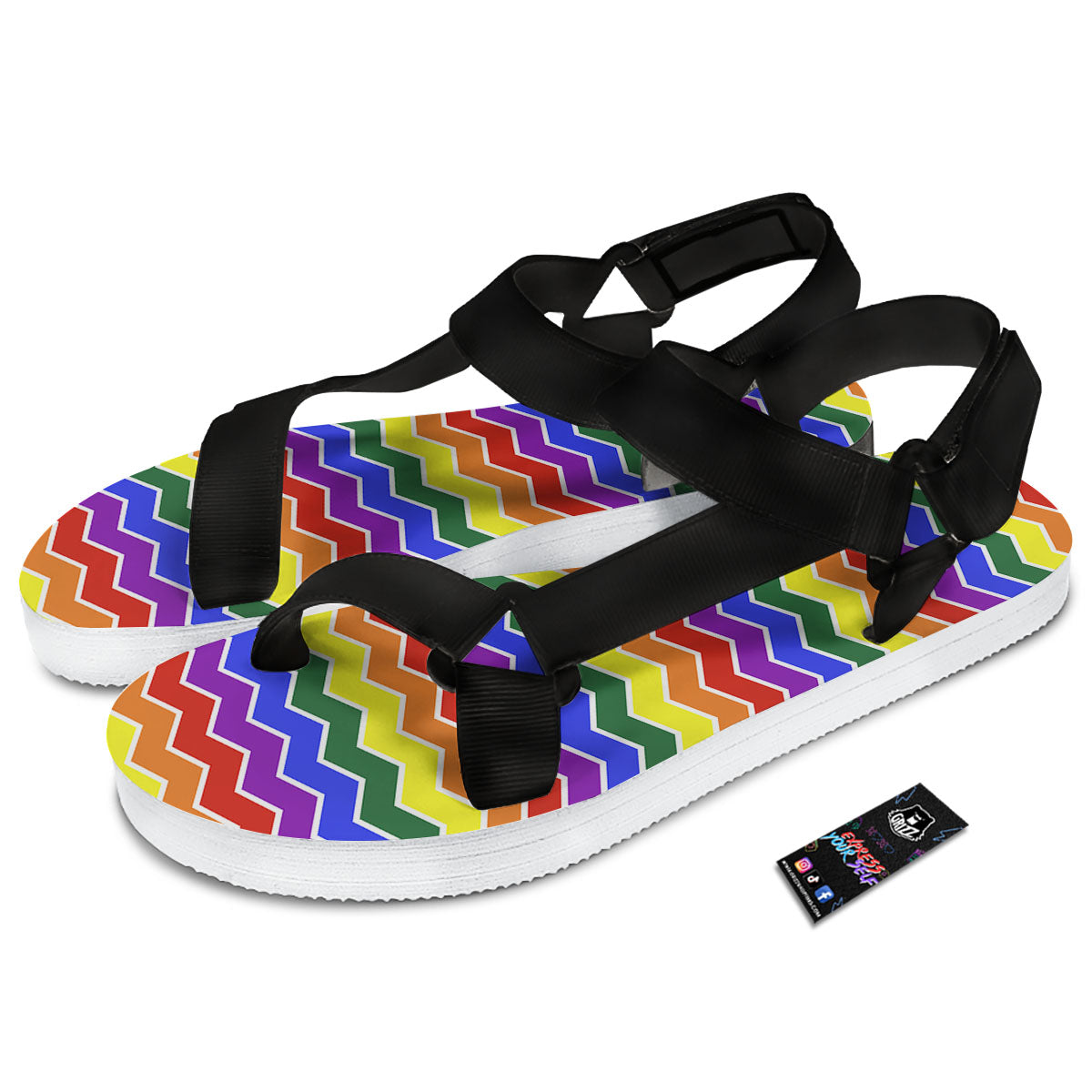 Rainbow Chevron LGBT Pride Print Pattern Black Open Toe Sandals-grizzshop