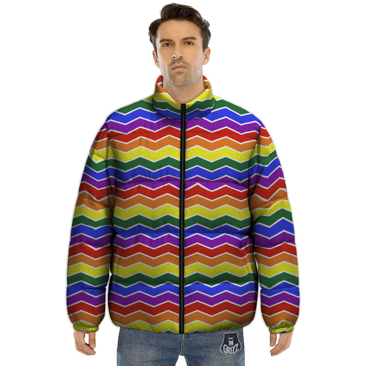 Rainbow Chevron LGBT Pride Print Pattern Puffer Jacket-grizzshop