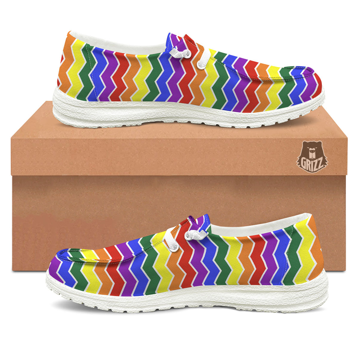 Rainbow Chevron LGBT Pride Print Pattern White Loafers-grizzshop