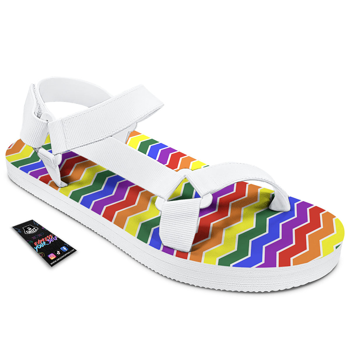 Rainbow Chevron LGBT Pride Print Pattern White Open Toe Sandals-grizzshop