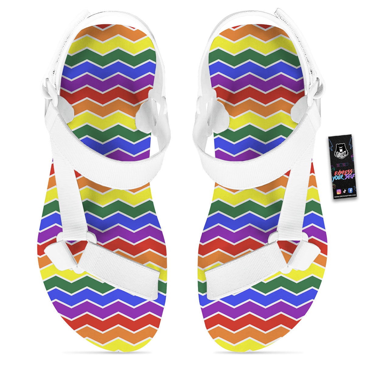 Rainbow Chevron LGBT Pride Print Pattern White Open Toe Sandals-grizzshop