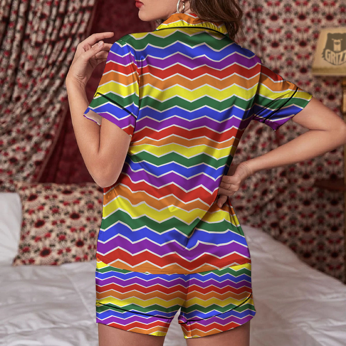 Rainbow Chevron LGBT Pride Print Pattern Women Silk Pajamas-grizzshop