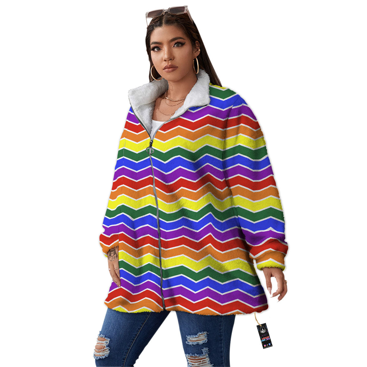 Rainbow Chevron LGBT Pride Print Pattern Women's Sherpa Jacket-grizzshop