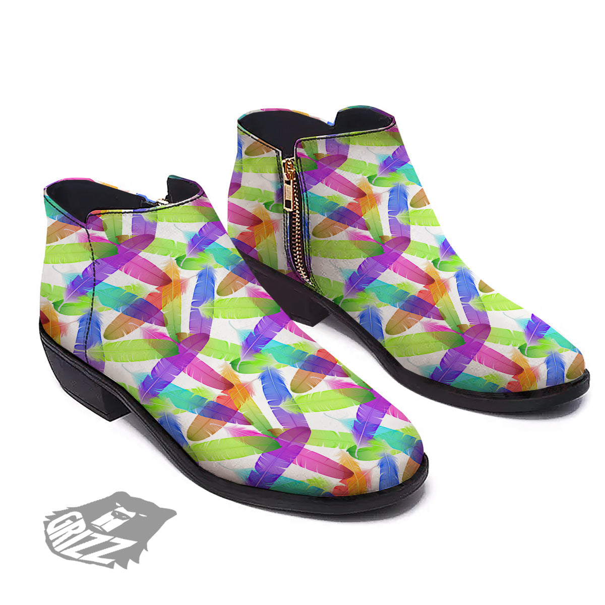 Rainbow Color Feather Print Pattern Ankle Boots-grizzshop