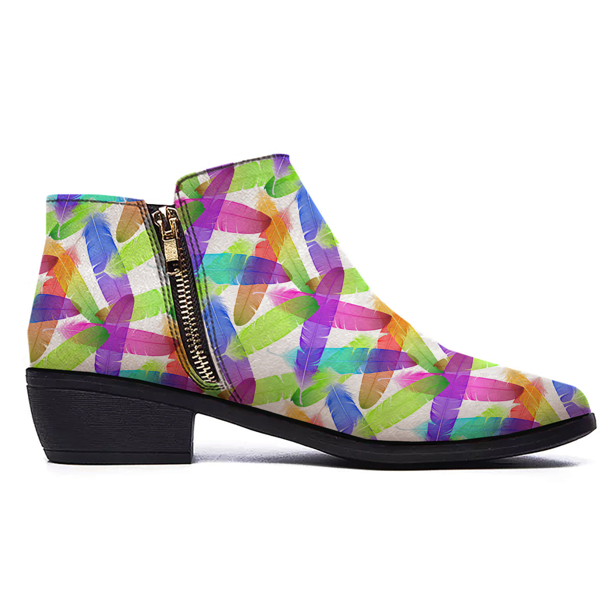 Rainbow Color Feather Print Pattern Ankle Boots-grizzshop
