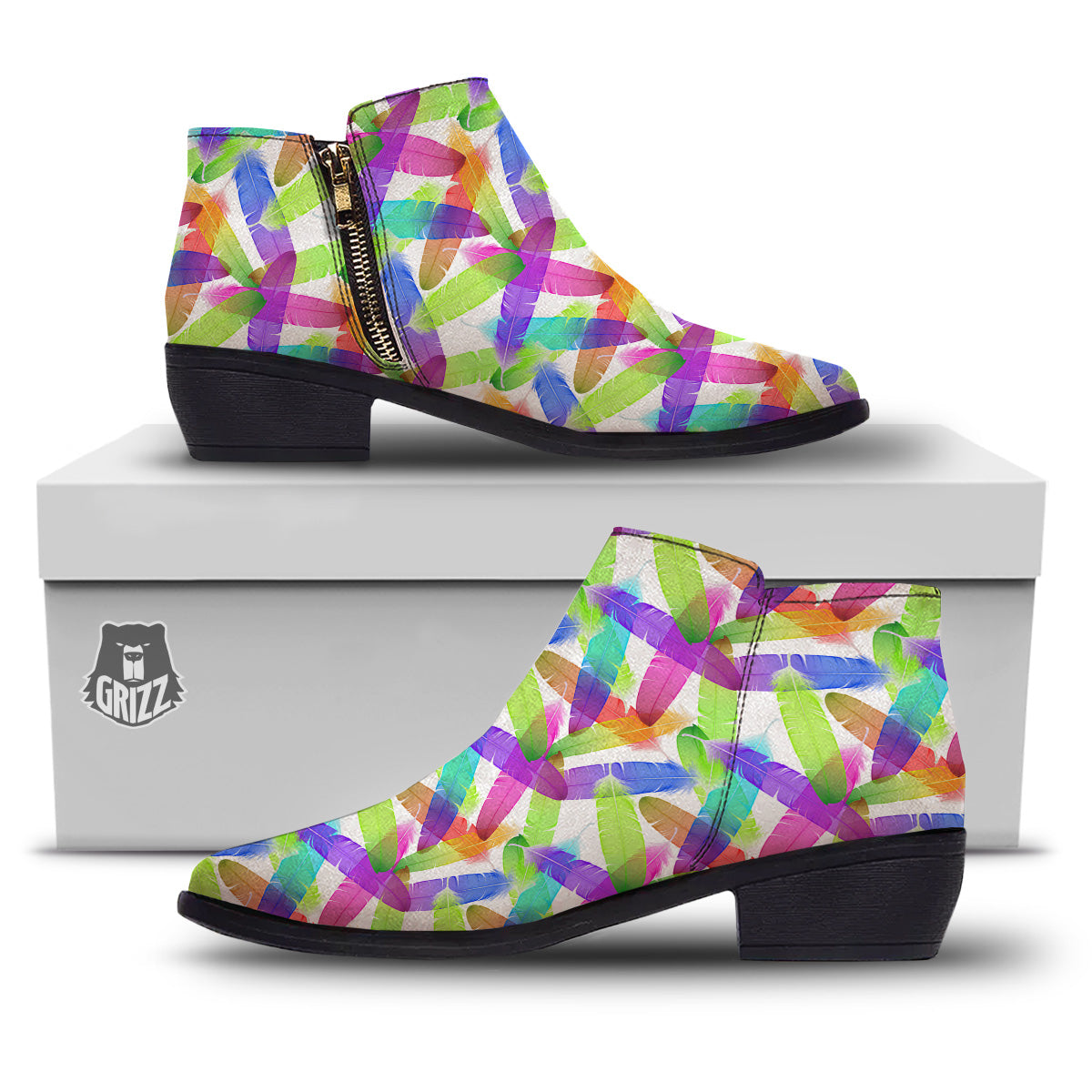 Rainbow Color Feather Print Pattern Ankle Boots-grizzshop
