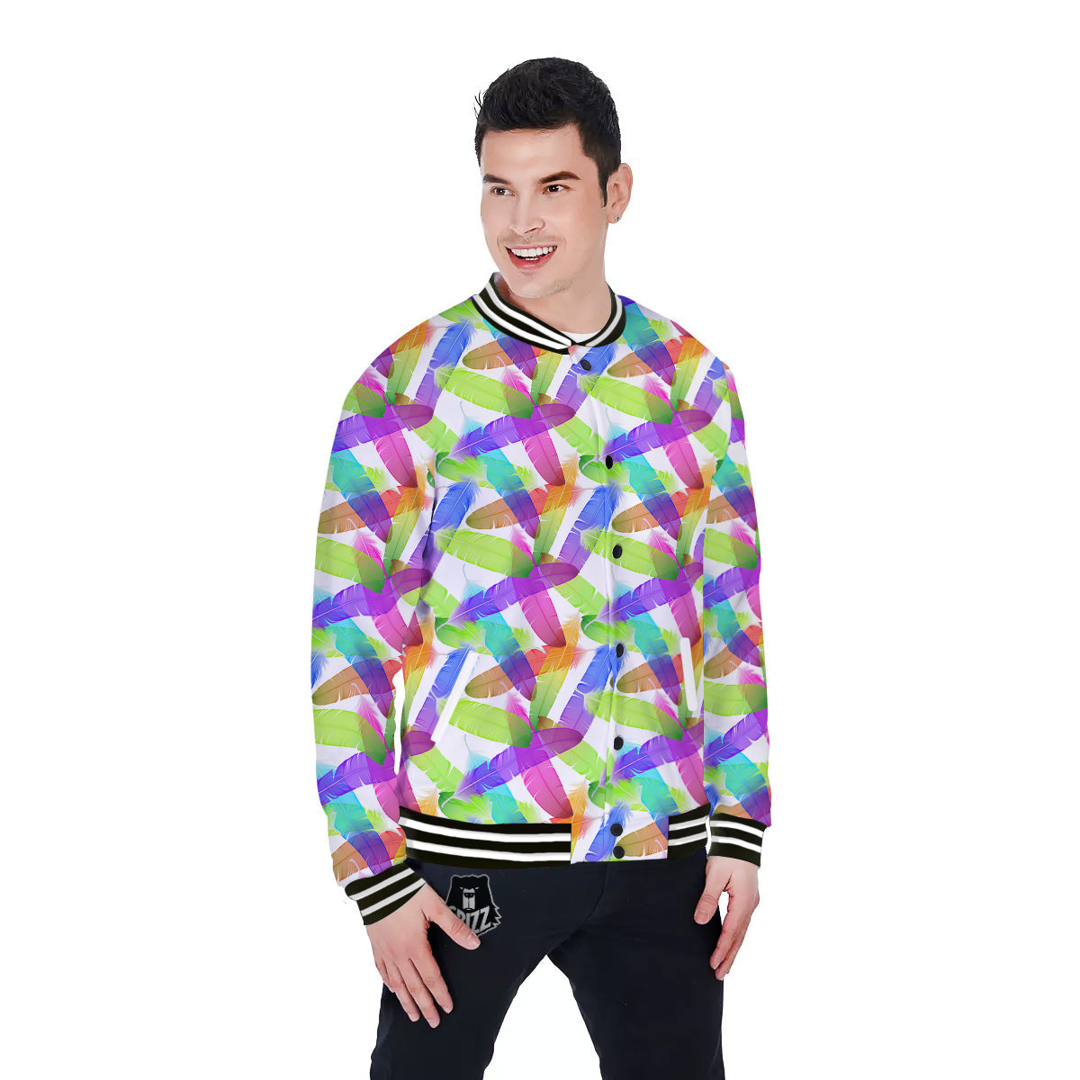 Rainbow Color Feather Print Pattern Baseball Jacket-grizzshop
