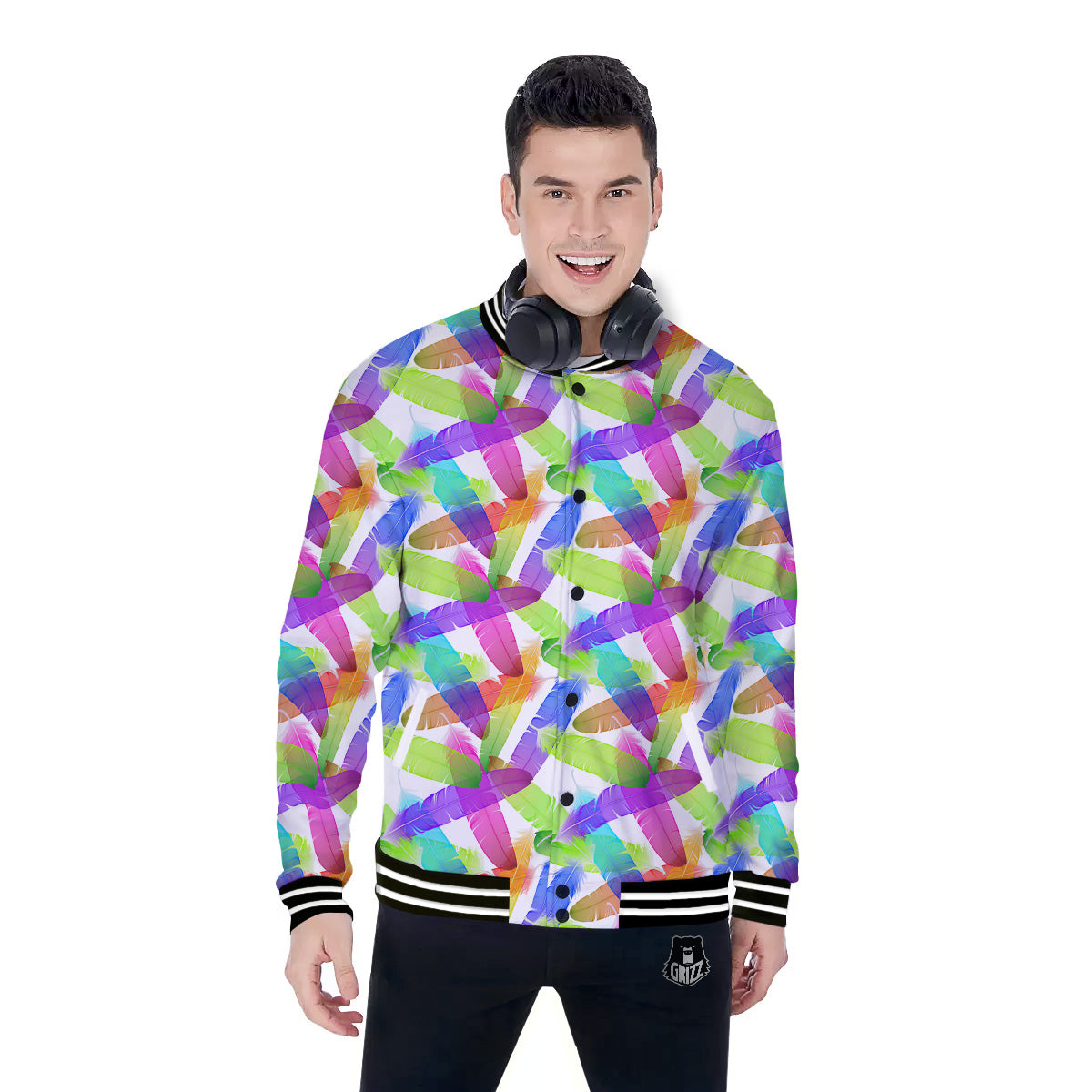 Rainbow Color Feather Print Pattern Baseball Jacket-grizzshop