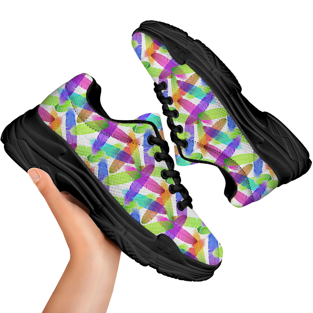 Rainbow Color Feather Print Pattern Black Chunky Shoes-grizzshop