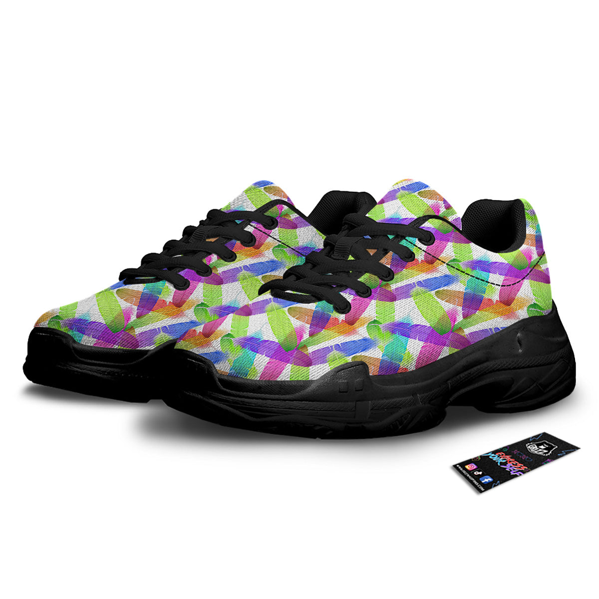Rainbow Color Feather Print Pattern Black Chunky Shoes-grizzshop
