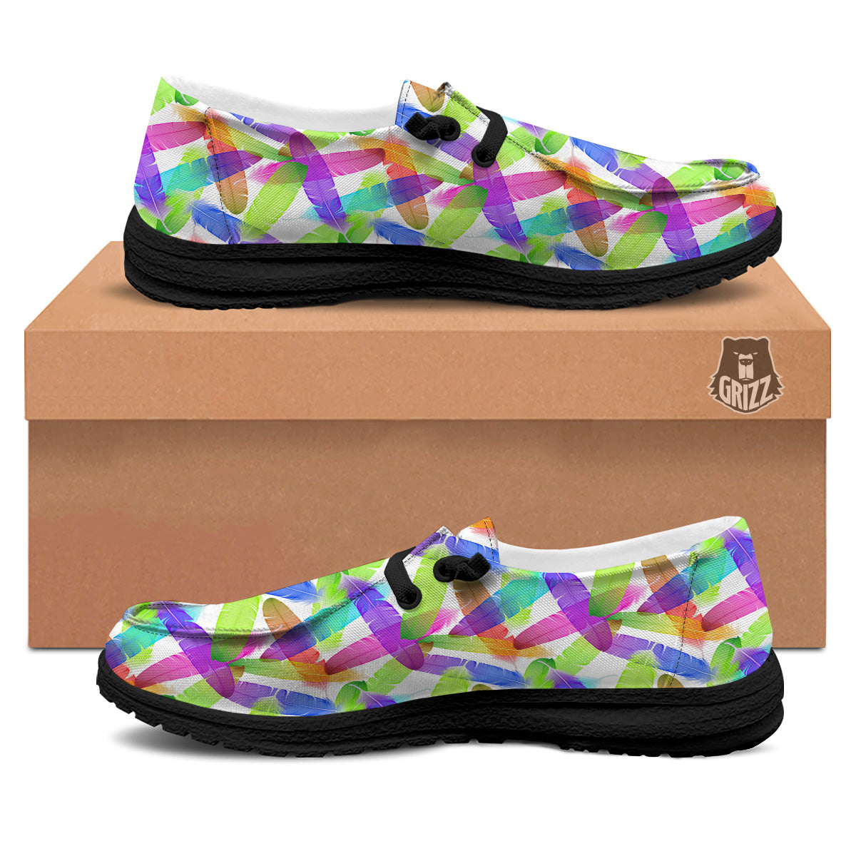 Rainbow Color Feather Print Pattern Black Loafers-grizzshop