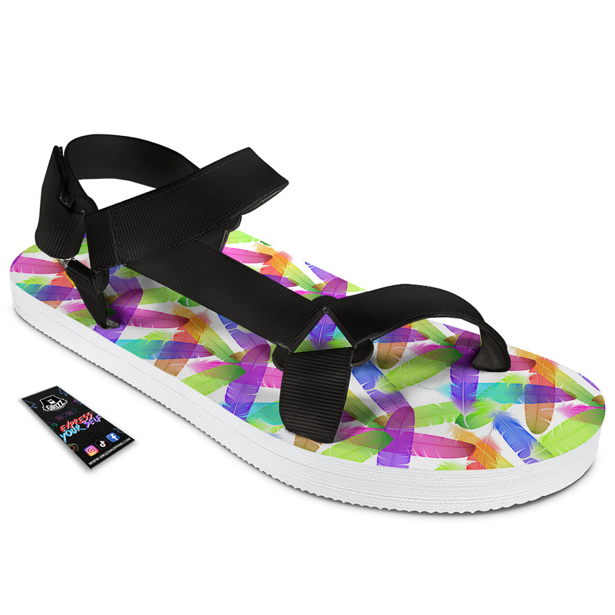 Rainbow Color Feather Print Pattern Black Open Toe Sandals-grizzshop