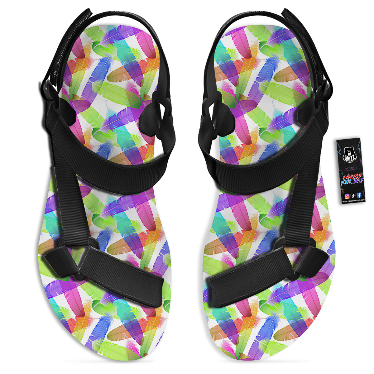 Rainbow Color Feather Print Pattern Black Open Toe Sandals-grizzshop