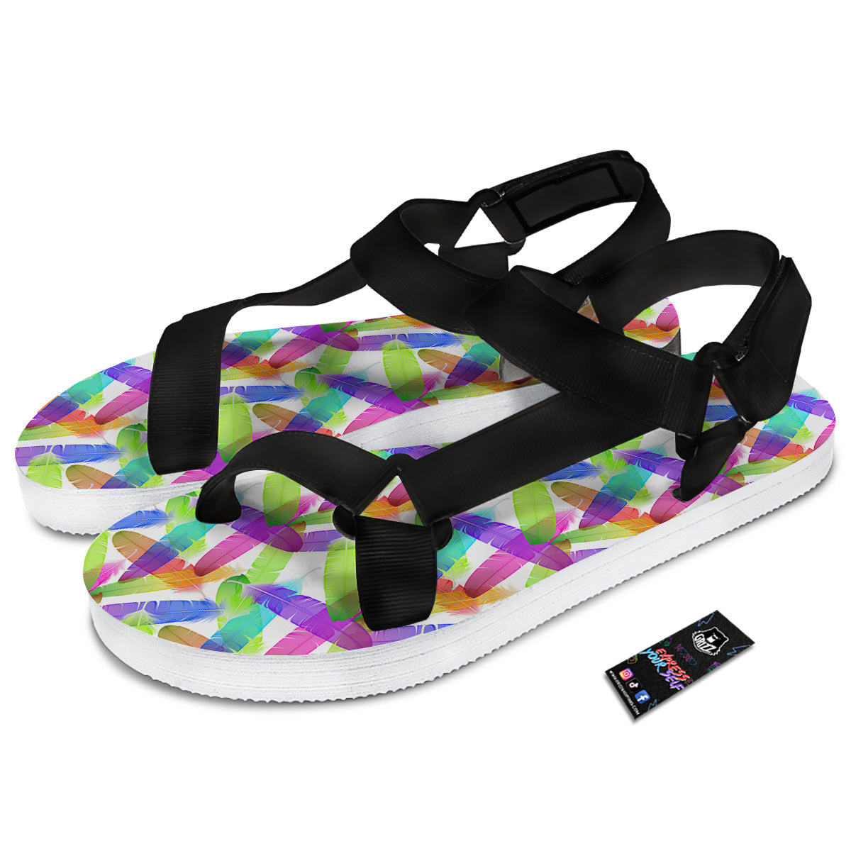Rainbow Color Feather Print Pattern Black Open Toe Sandals-grizzshop