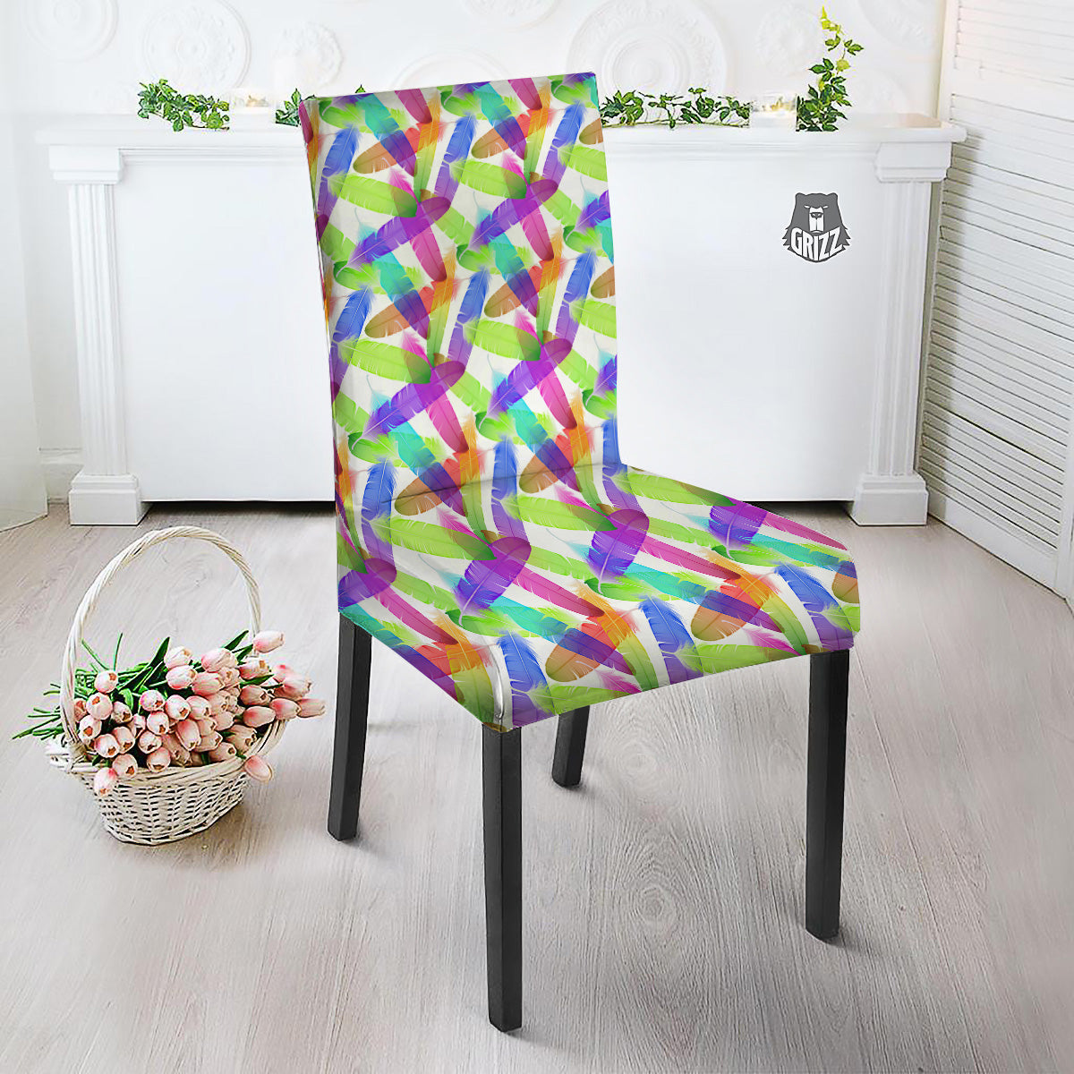 Rainbow Color Feather Print Pattern Dining Chair Slipcover-grizzshop