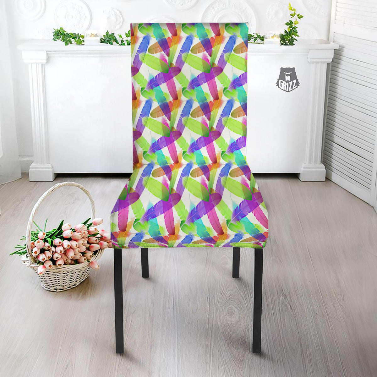 Rainbow Color Feather Print Pattern Dining Chair Slipcover-grizzshop