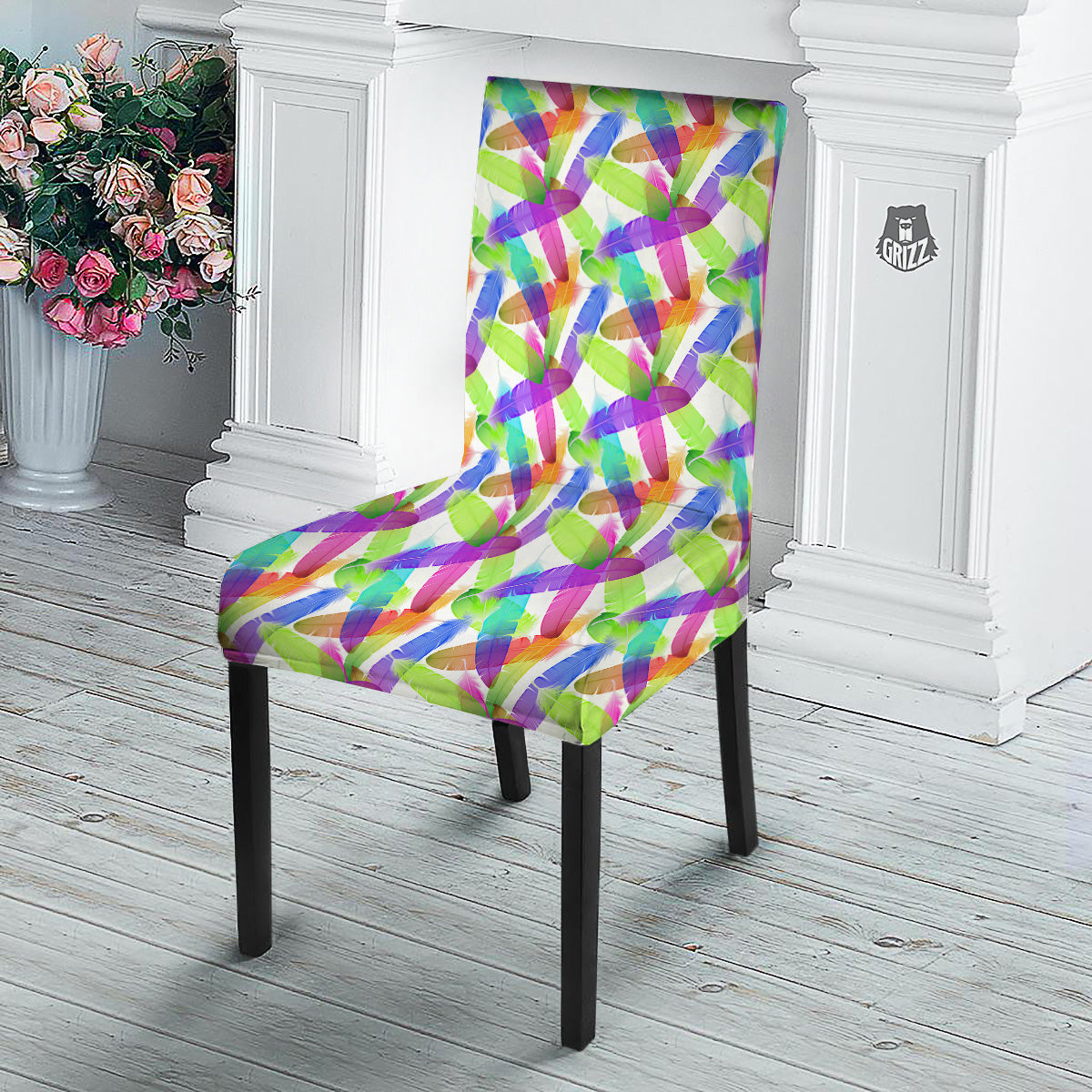 Rainbow Color Feather Print Pattern Dining Chair Slipcover-grizzshop