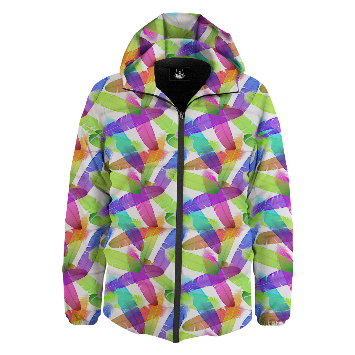 Rainbow Color Feather Print Pattern Down Jacket-grizzshop