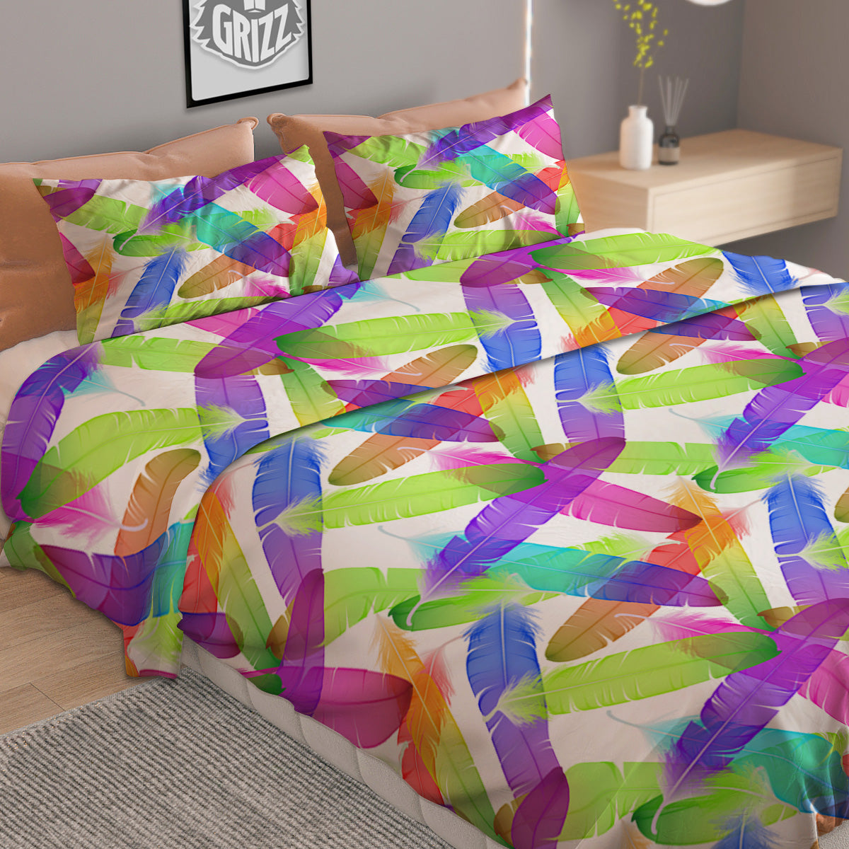 Rainbow Color Feather Print Pattern Duvet Cover Bedding Set