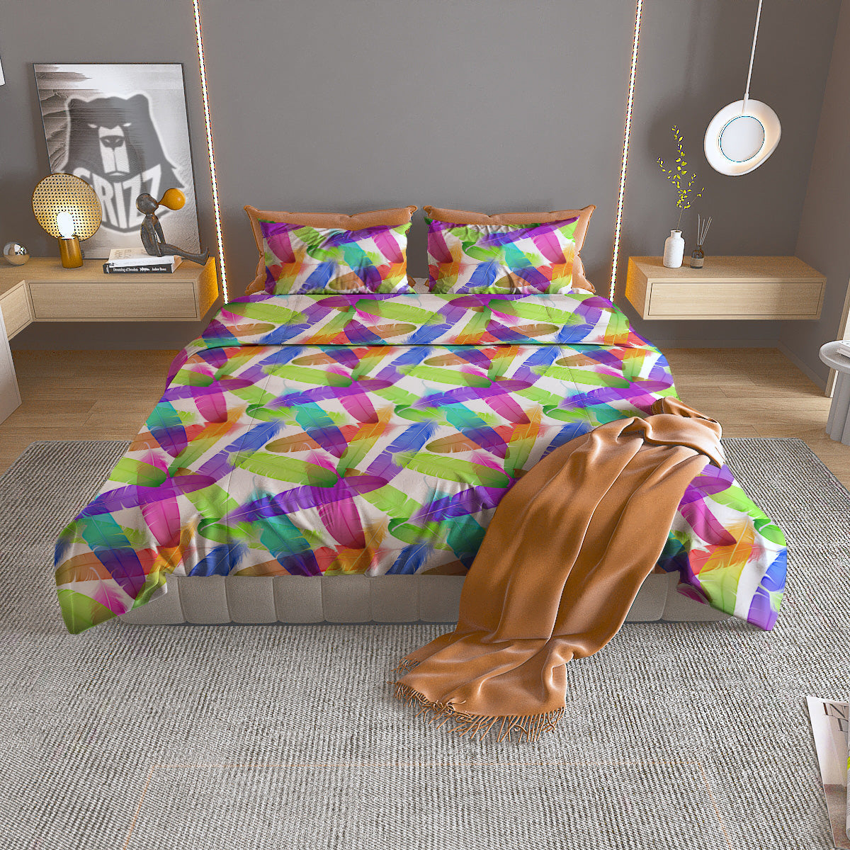 Rainbow Color Feather Print Pattern Duvet Cover Bedding Set