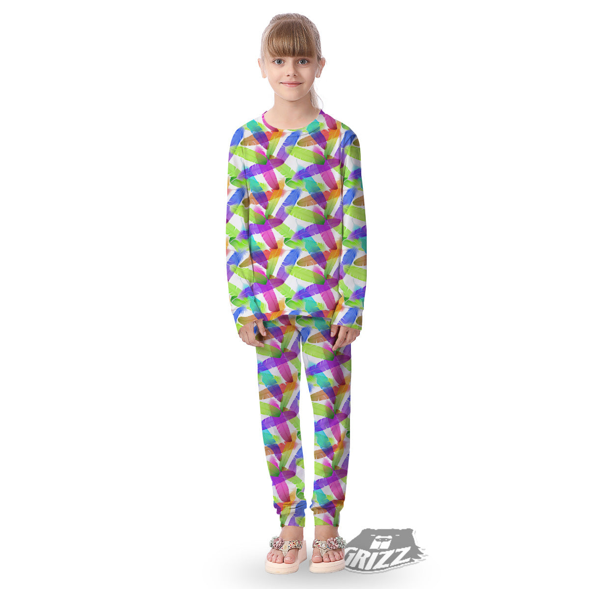 Rainbow Color Feather Print Pattern Kid's Pajamas-grizzshop
