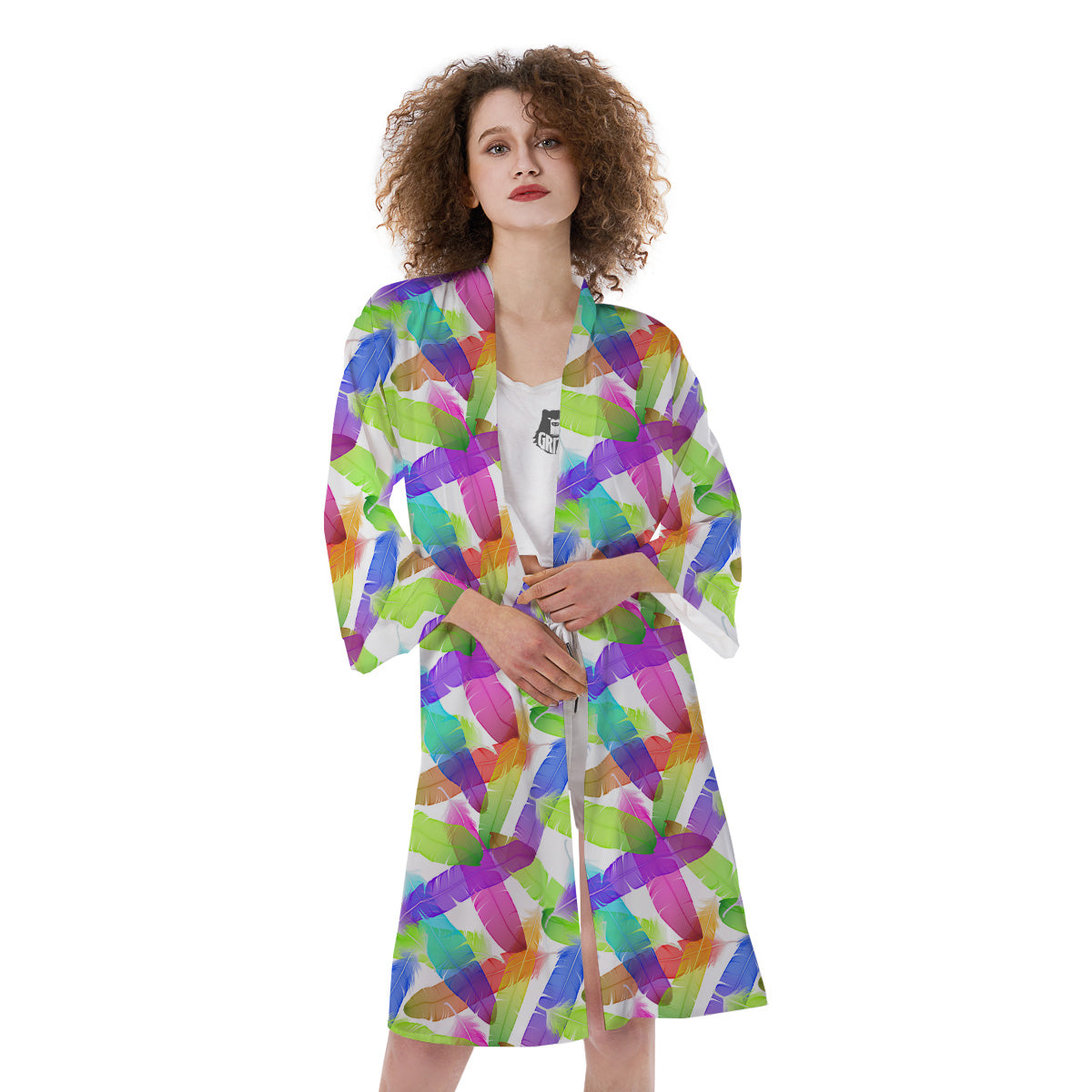 Rainbow Color Feather Print Pattern Kimono-grizzshop