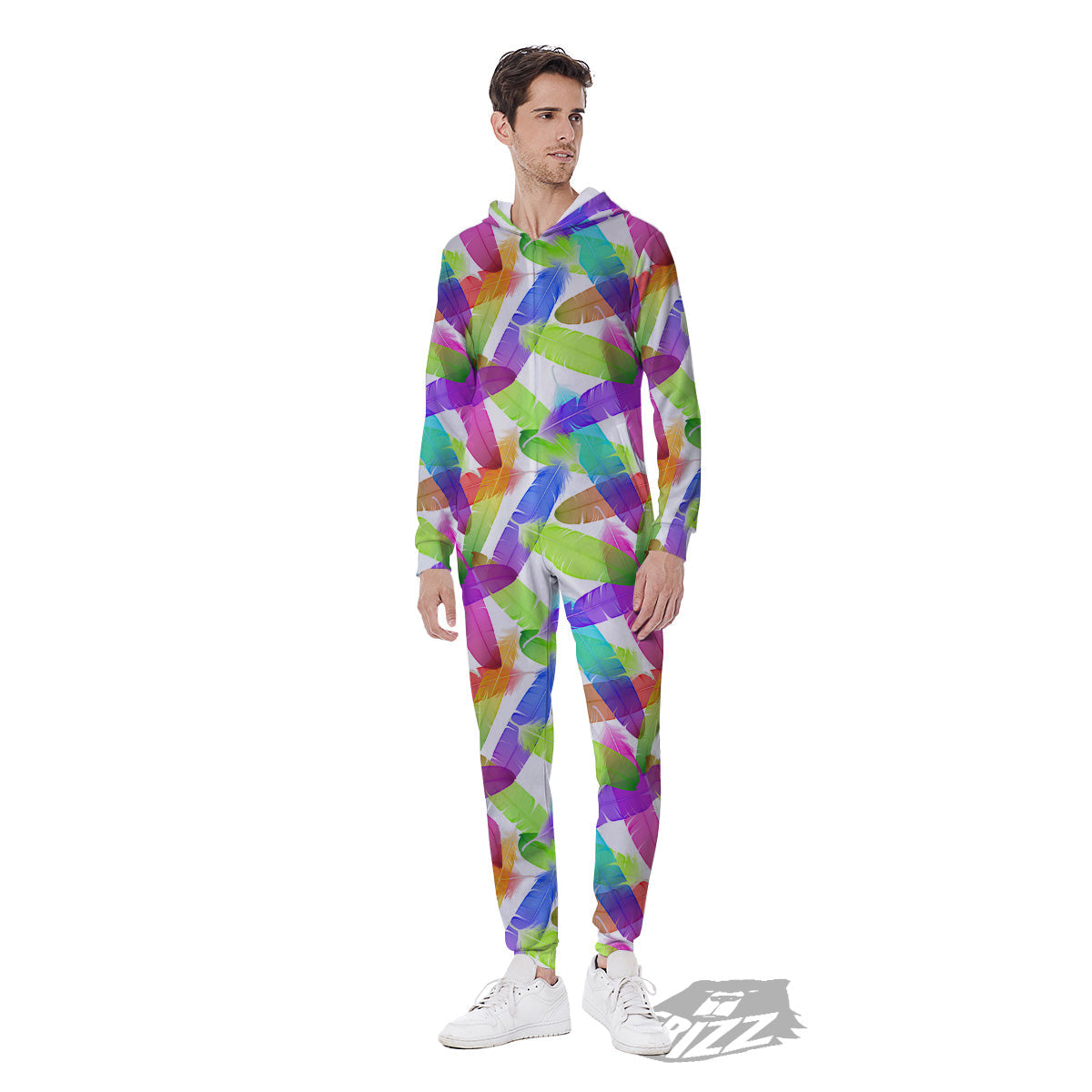 Rainbow Color Feather Print Pattern Men's Jumpsuit-grizzshop