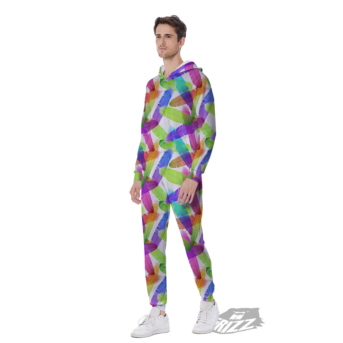 Rainbow Color Feather Print Pattern Men's Jumpsuit-grizzshop