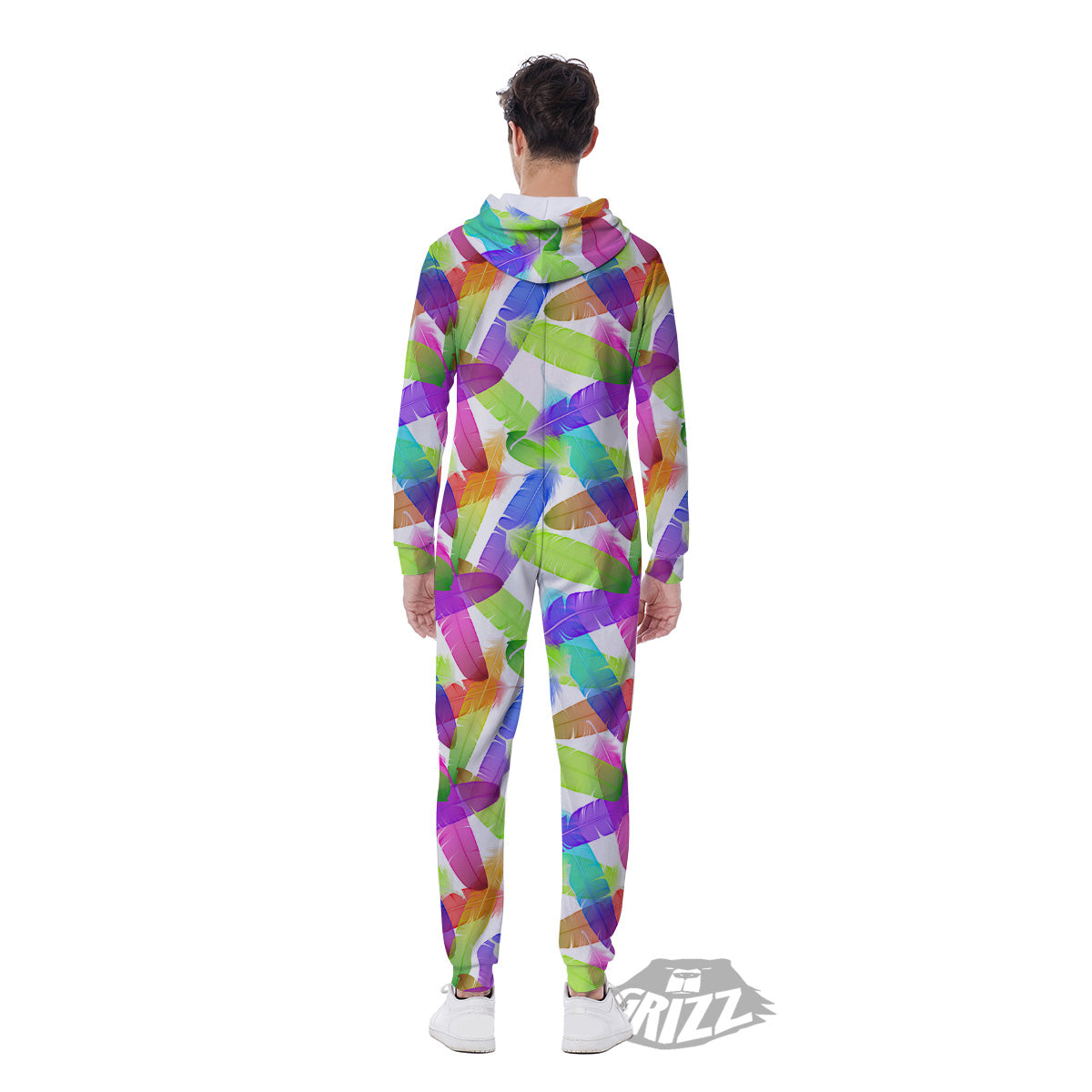 Rainbow Color Feather Print Pattern Men's Jumpsuit-grizzshop