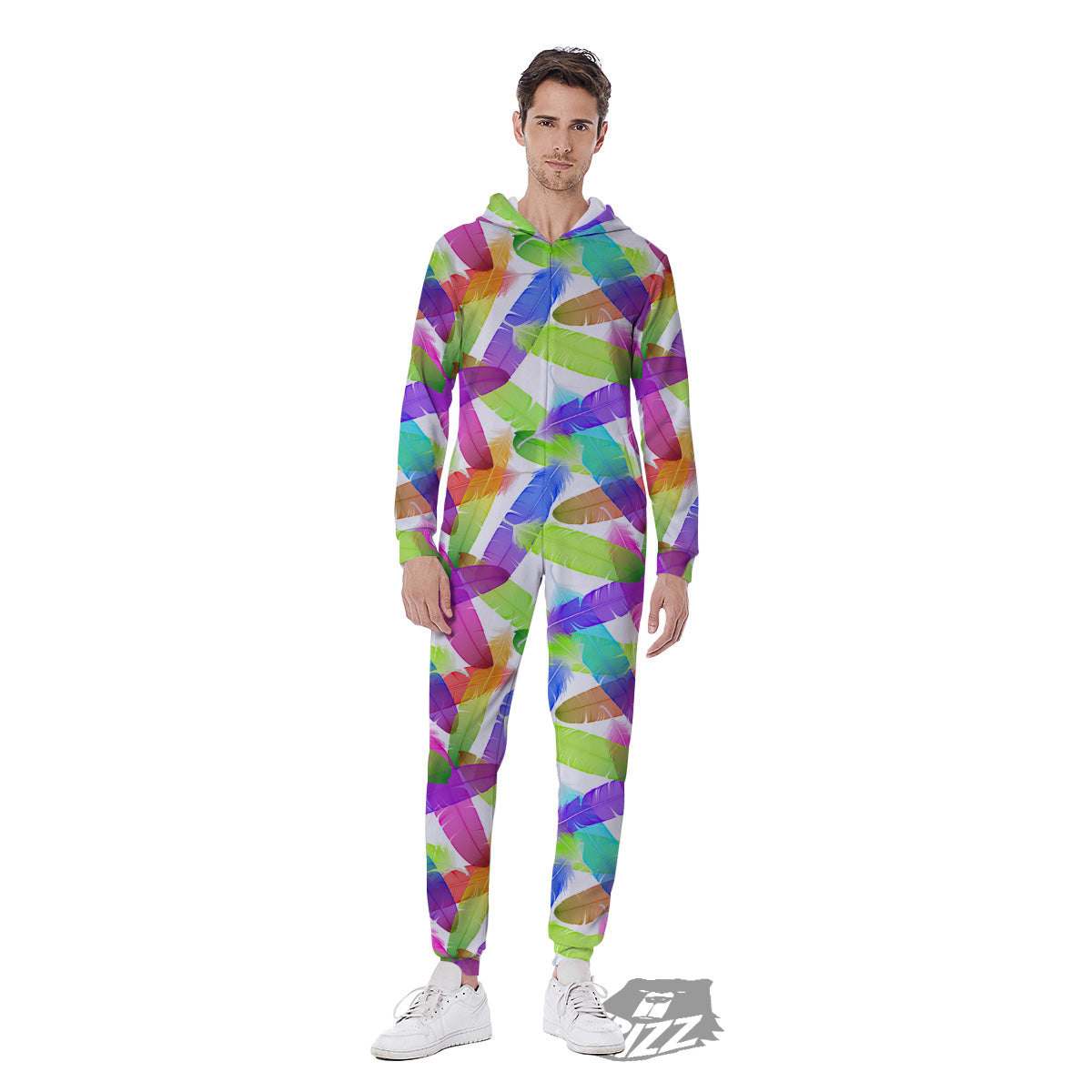 Rainbow Color Feather Print Pattern Men's Jumpsuit-grizzshop