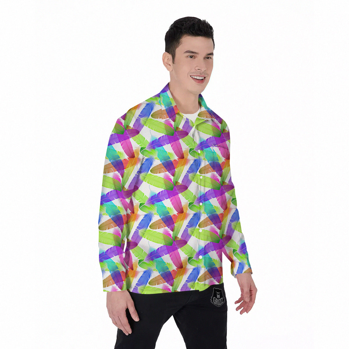 Rainbow Color Feather Print Pattern Men's Long Sleeve Shirts-grizzshop