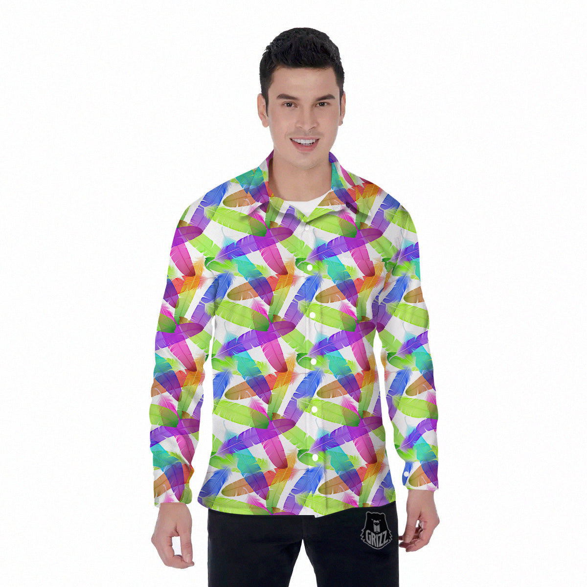 Rainbow Color Feather Print Pattern Men's Long Sleeve Shirts-grizzshop