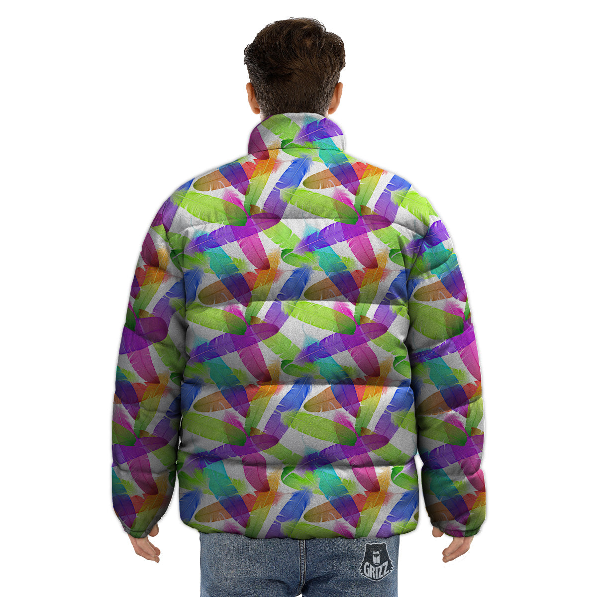 Rainbow Color Feather Print Pattern Puffer Jacket-grizzshop