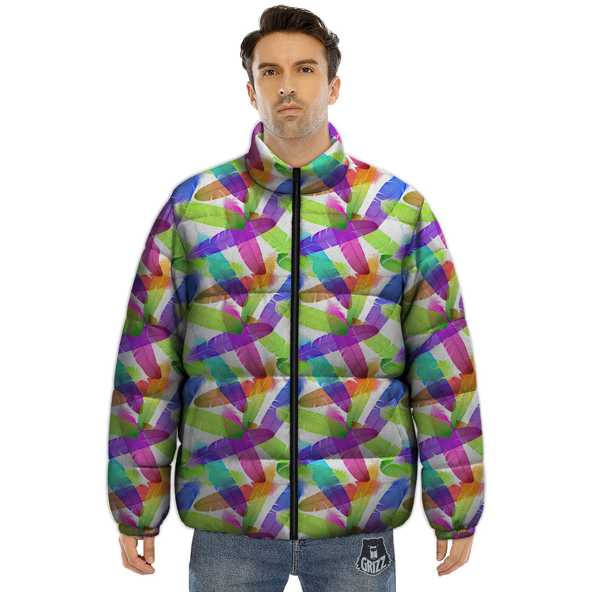 Rainbow Color Feather Print Pattern Puffer Jacket-grizzshop