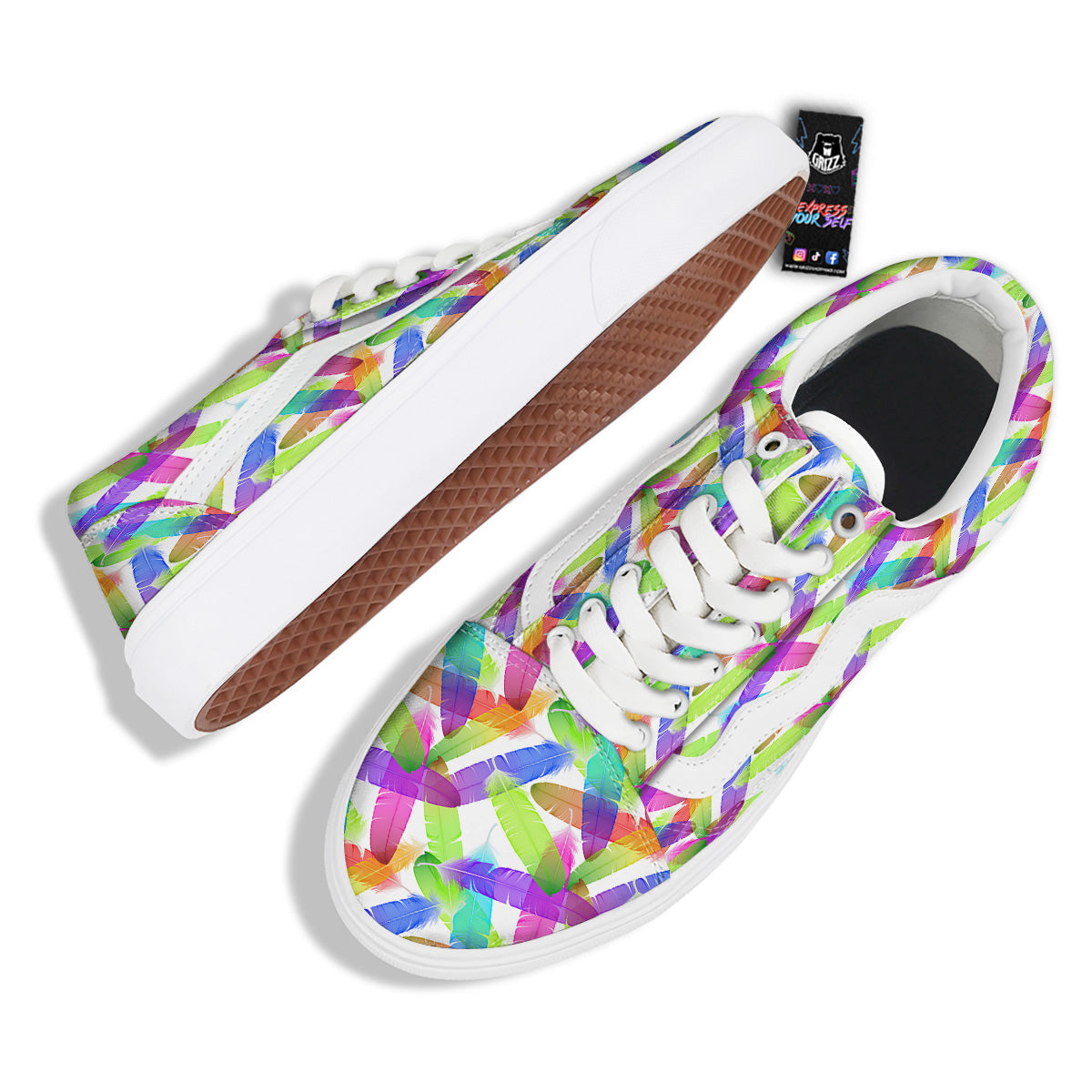 Rainbow Color Feather Print Pattern Skate Shoes-grizzshop