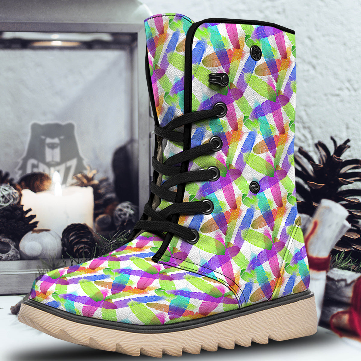 Rainbow Color Feather Print Pattern Snow Boots-grizzshop