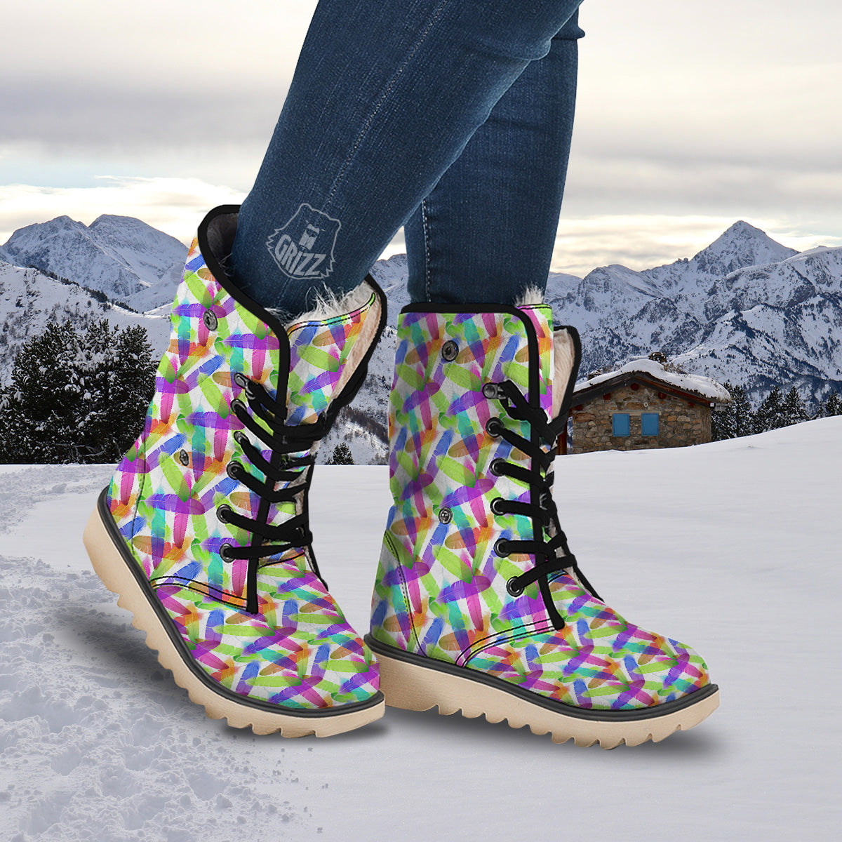 Rainbow Color Feather Print Pattern Snow Boots-grizzshop