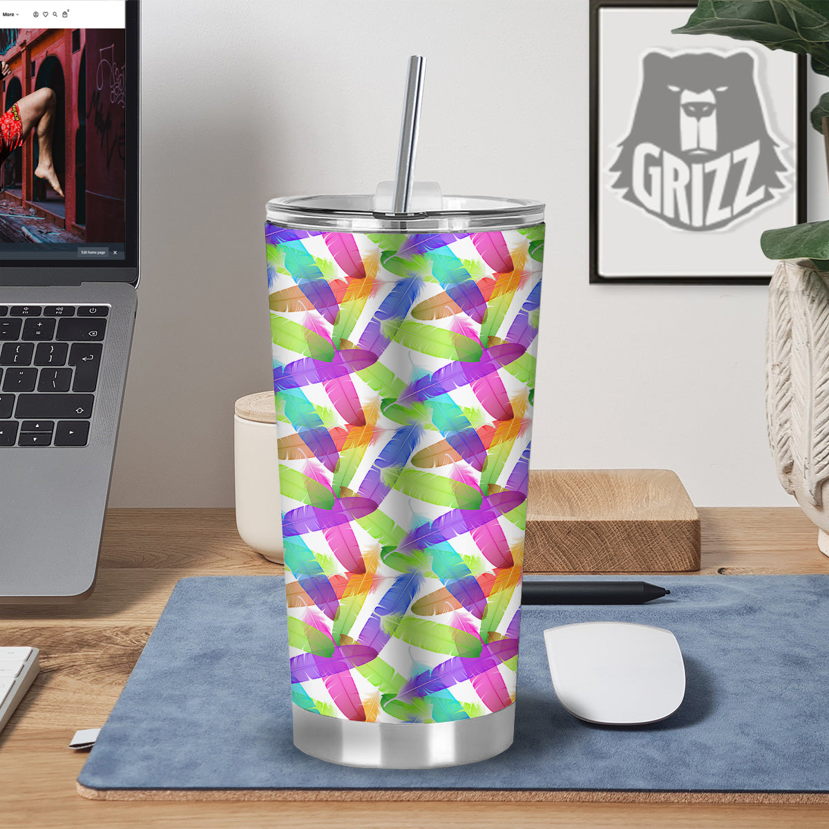 Rainbow Color Feather Print Pattern Tumbler-grizzshop