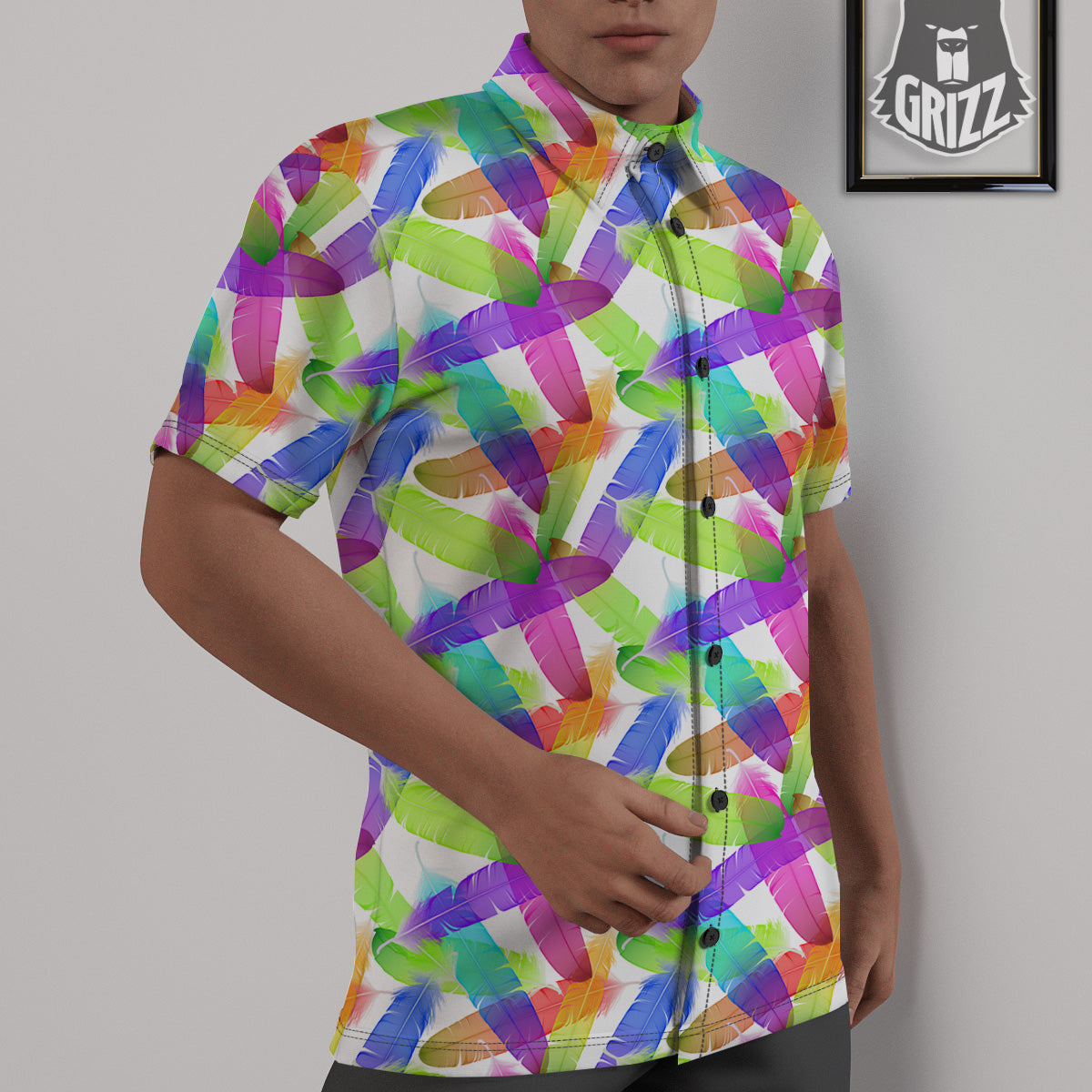 Rainbow Color Feather Print Pattern Untucked Shirts-grizzshop