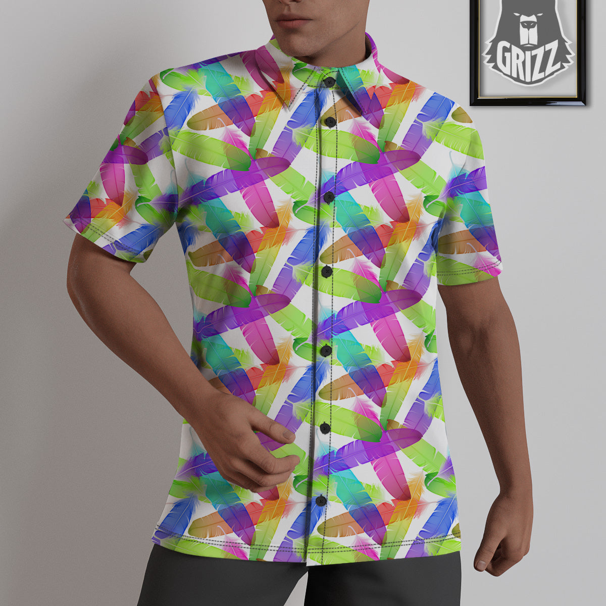 Rainbow Color Feather Print Pattern Untucked Shirts-grizzshop
