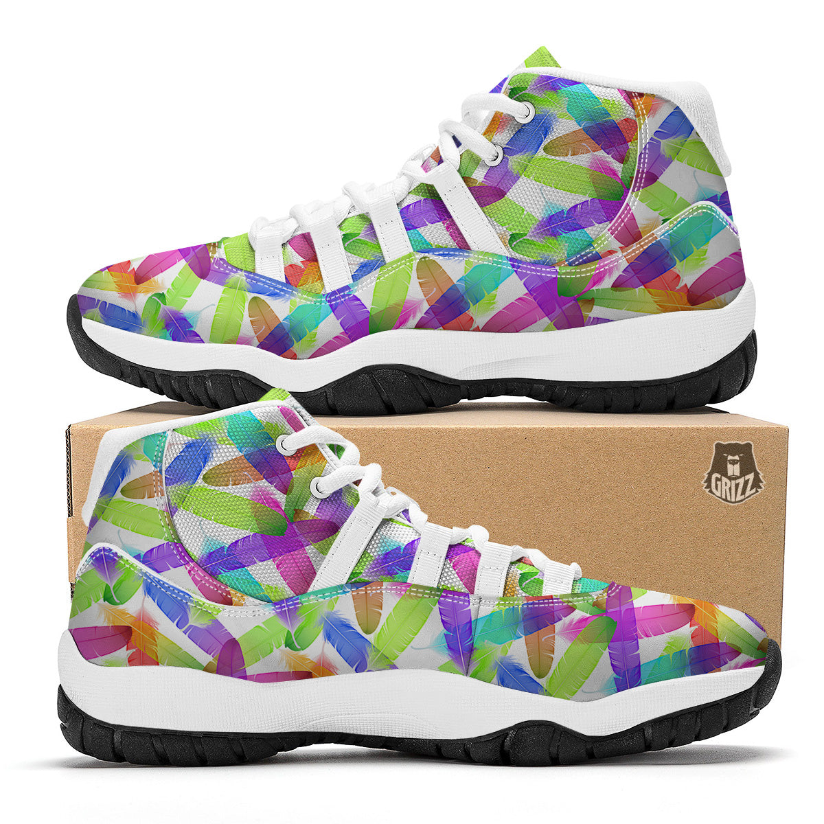 Rainbow Color Feather Print Pattern White Bball Shoes-grizzshop