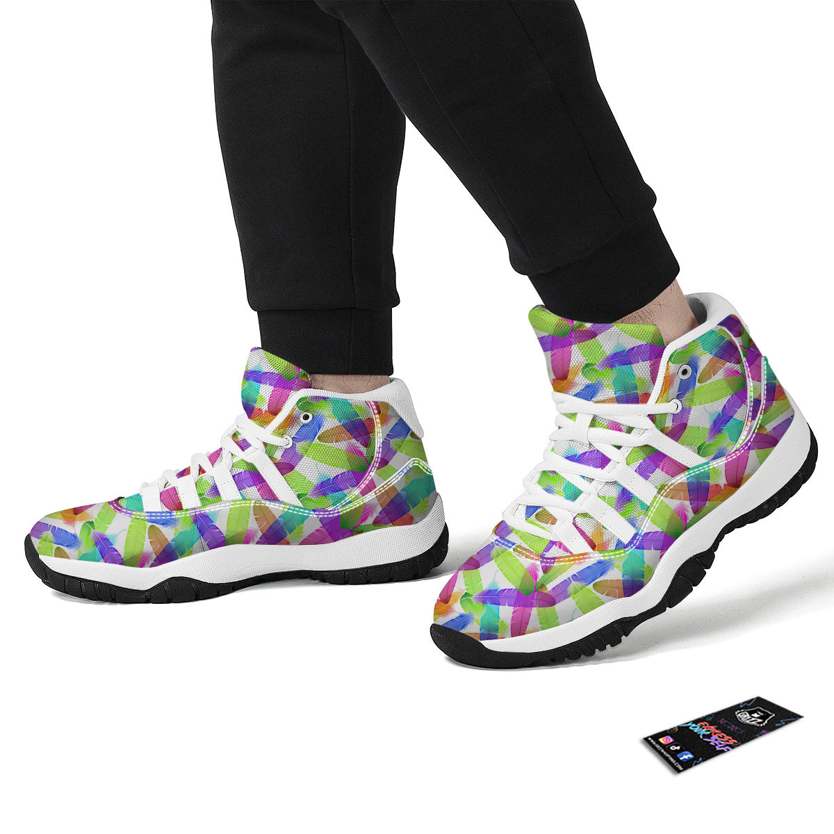 Rainbow Color Feather Print Pattern White Bball Shoes-grizzshop