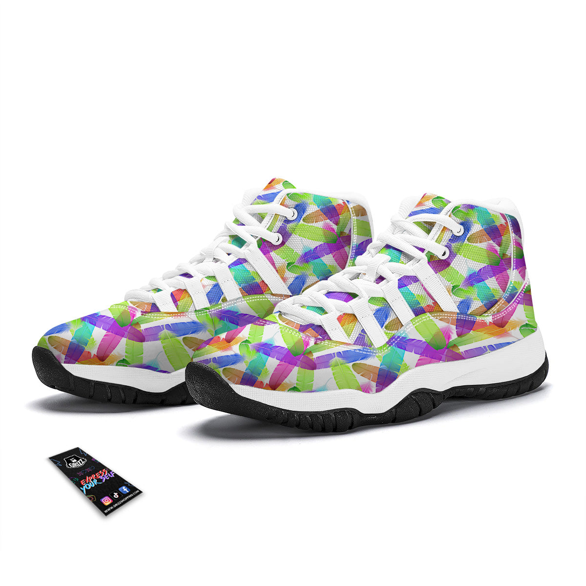 Rainbow Color Feather Print Pattern White Bball Shoes-grizzshop