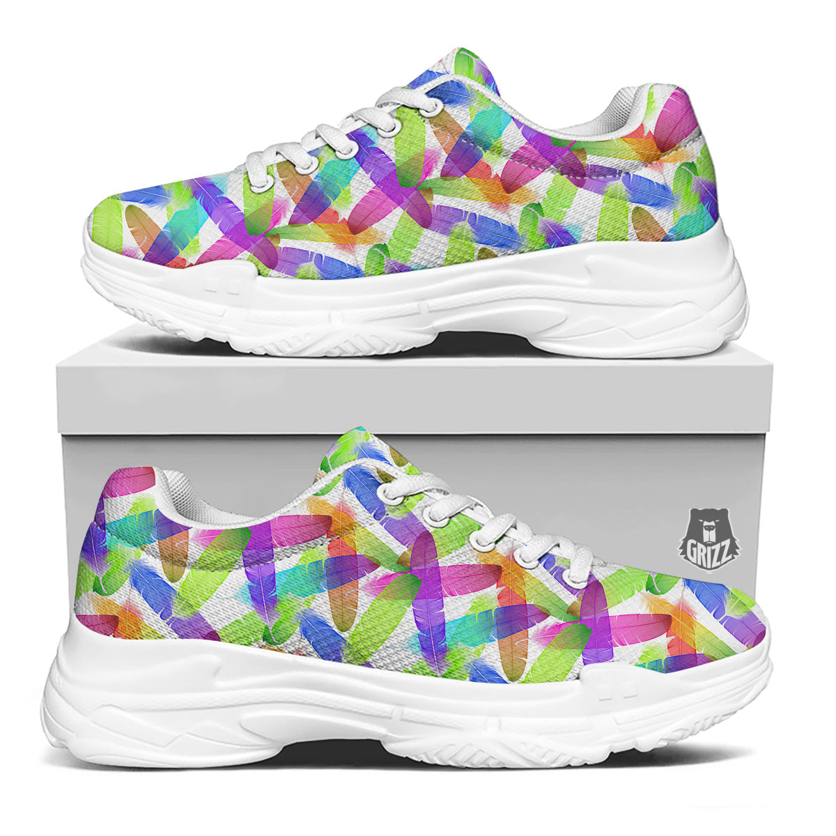 Rainbow Color Feather Print Pattern White Chunky Shoes-grizzshop