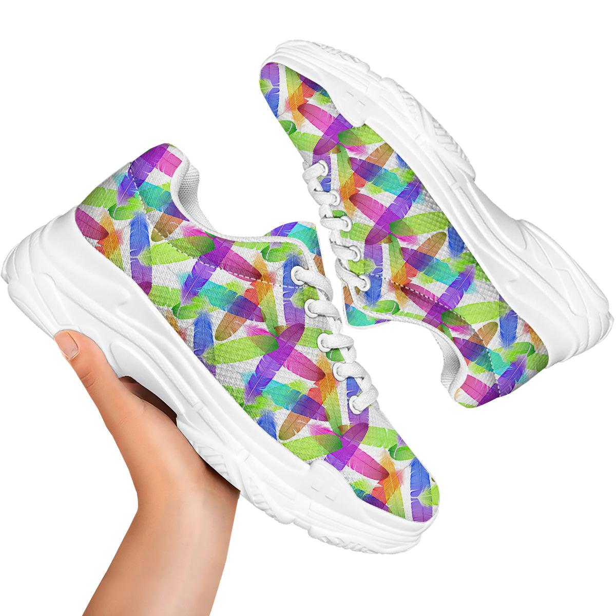 Rainbow Color Feather Print Pattern White Chunky Shoes-grizzshop