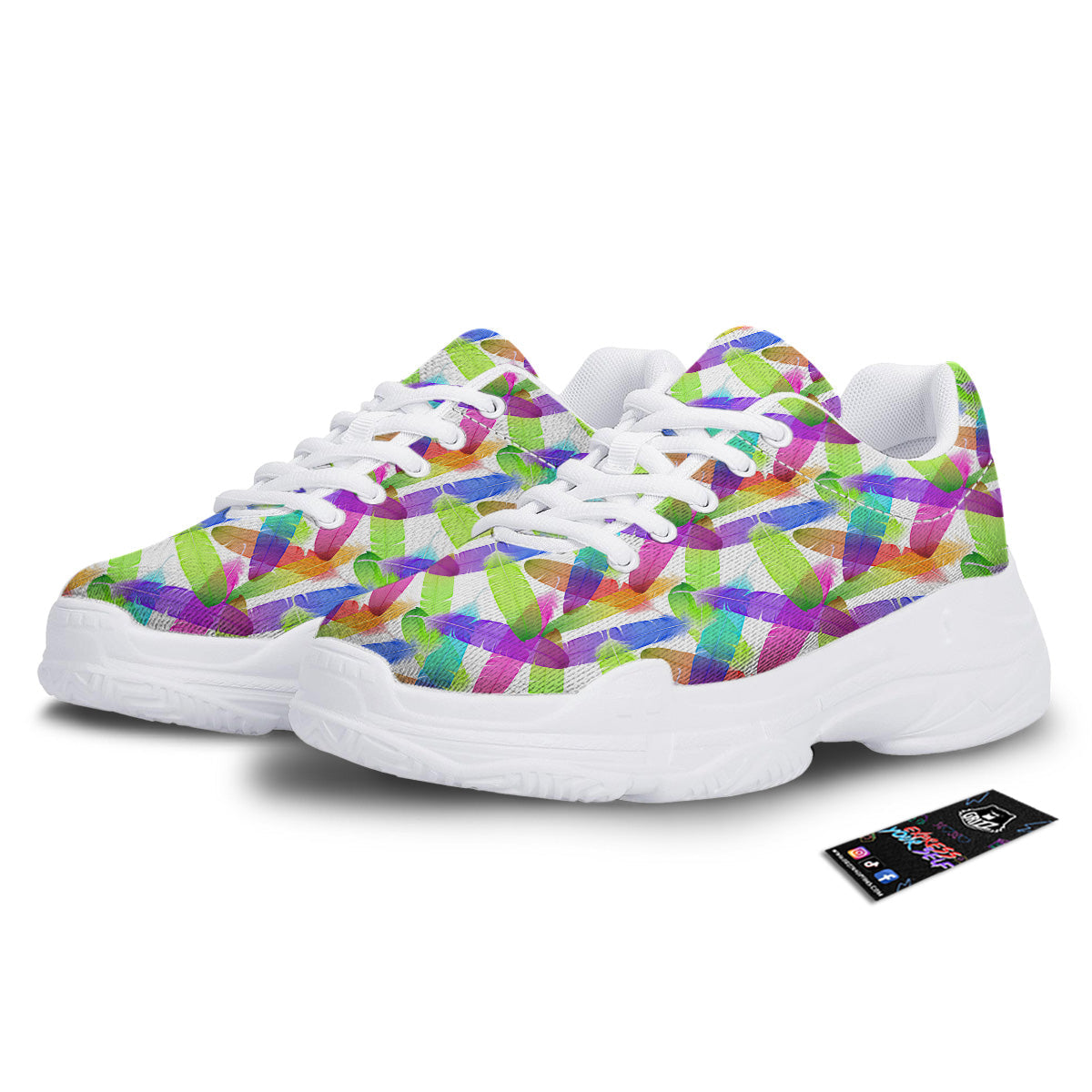 Rainbow Color Feather Print Pattern White Chunky Shoes-grizzshop