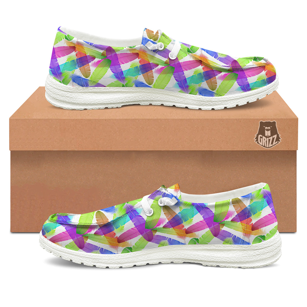 Rainbow Color Feather Print Pattern White Loafers-grizzshop