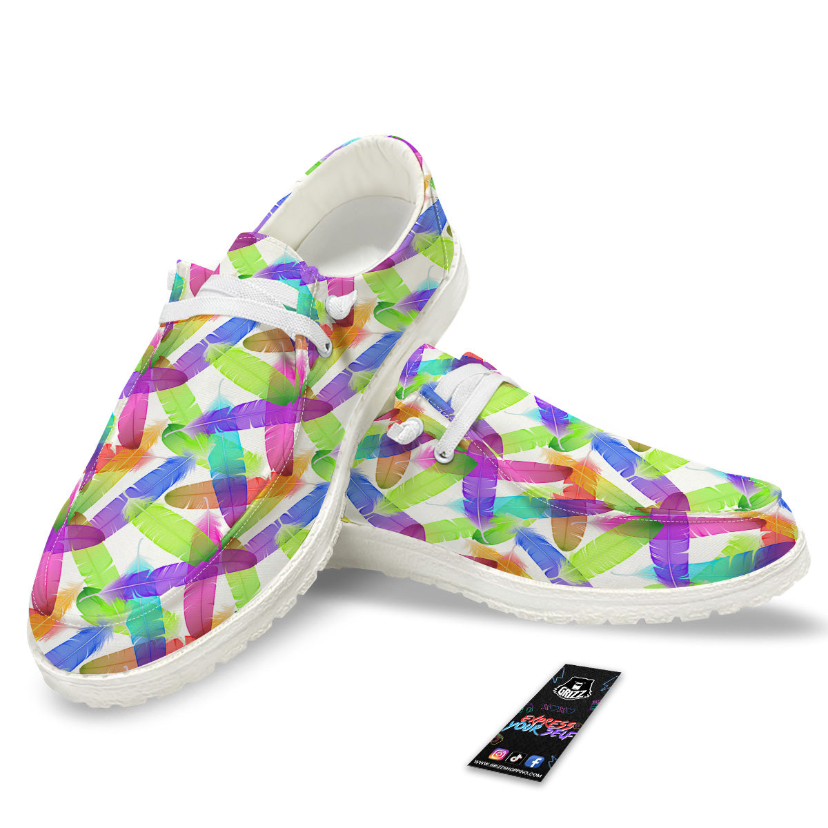 Rainbow Color Feather Print Pattern White Loafers-grizzshop