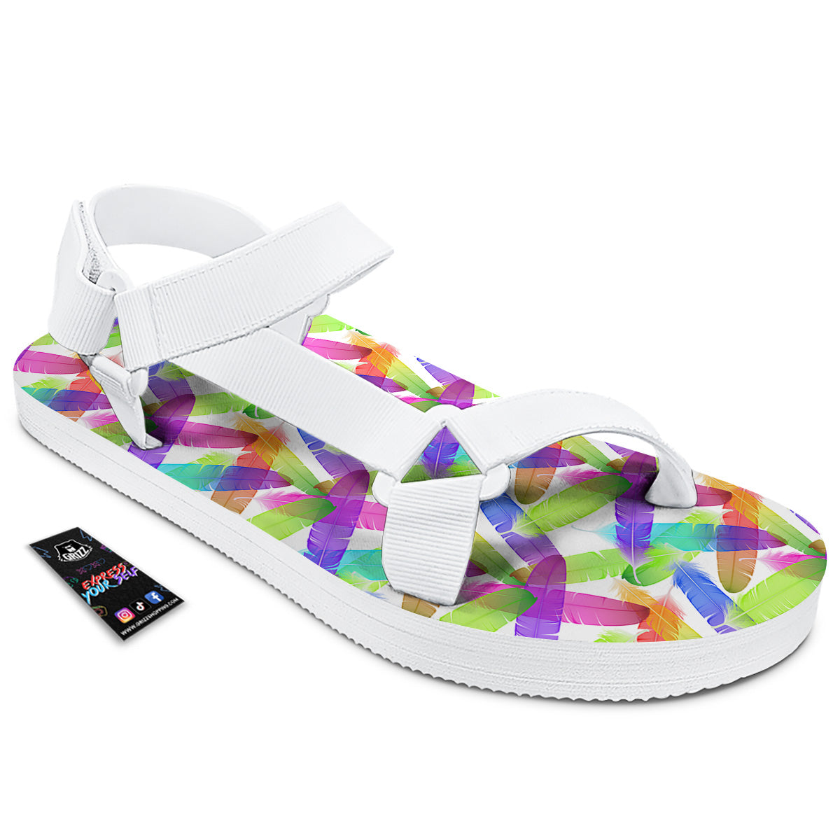 Rainbow Color Feather Print Pattern White Open Toe Sandals-grizzshop